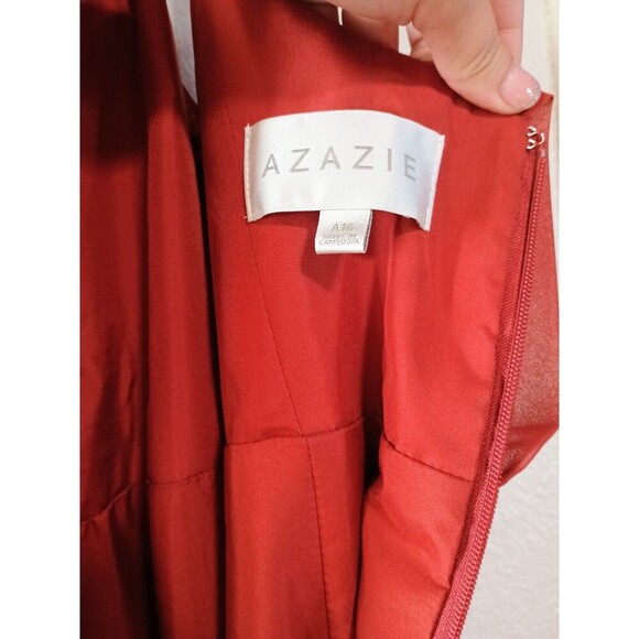 Azazie Bridesmaid Dress Red/Orange Skirt Side Slit Sleeveless Straps - Picture 6 of 9